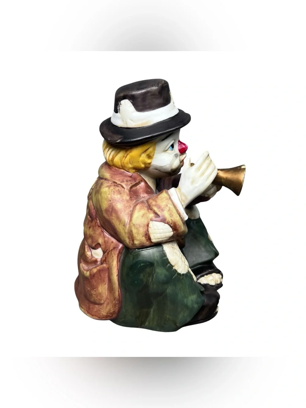 Vintage 1980 Sun Saint Ceramic Hobo Clown Music Box Wind Up Playing Trumpet Horn